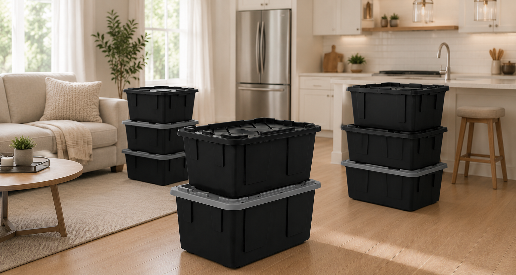 Sunlit modern living room and kitchen with stacked black reusable moving totes