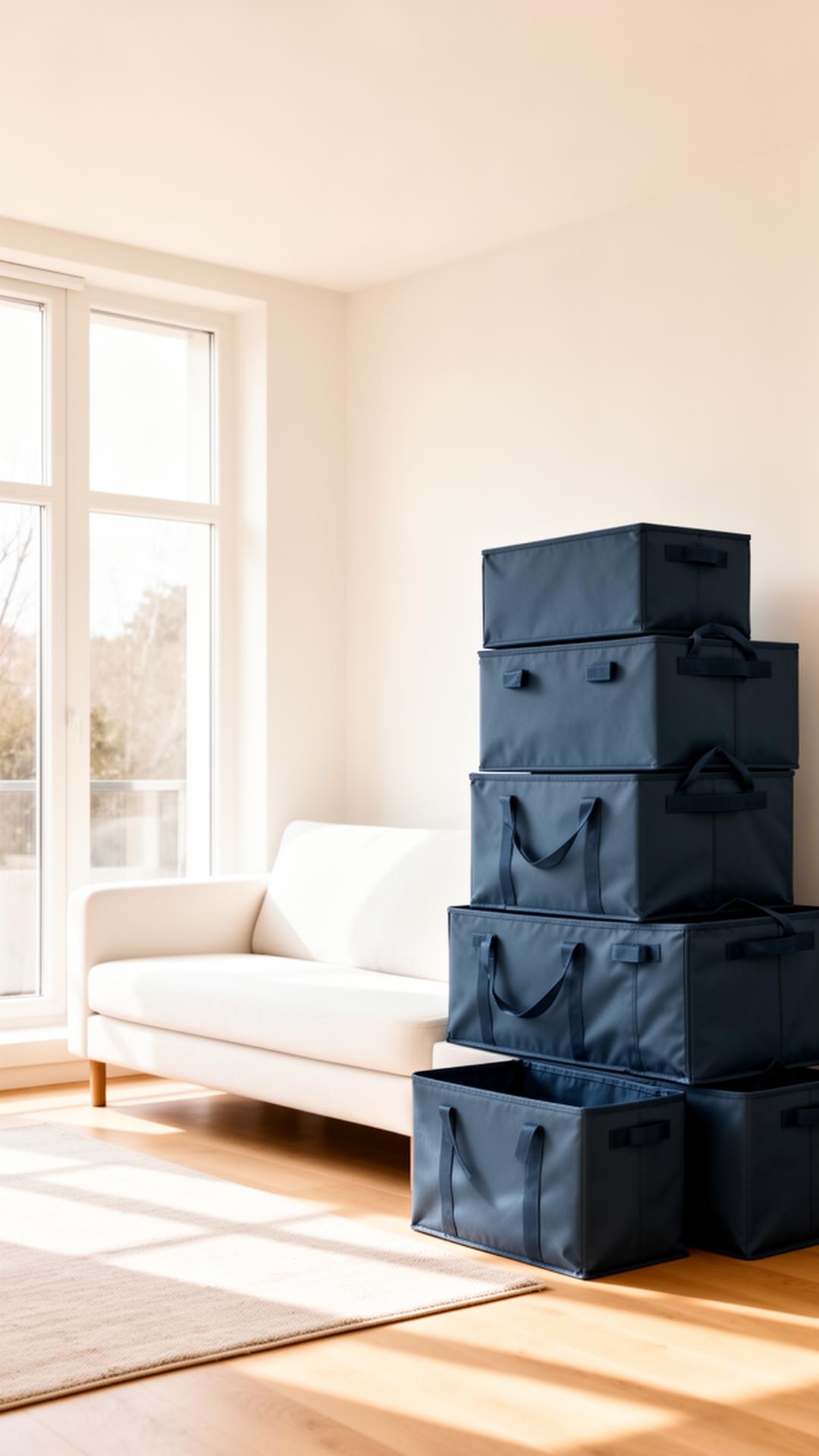 Sunlit modern living room with stacked deep slate-blue reusable moving totes